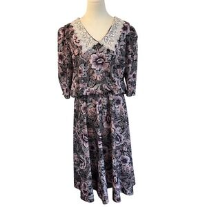 Vintage Floral Prairie Dress Lace Collar Cottagecore Grandma Core Midi 16P